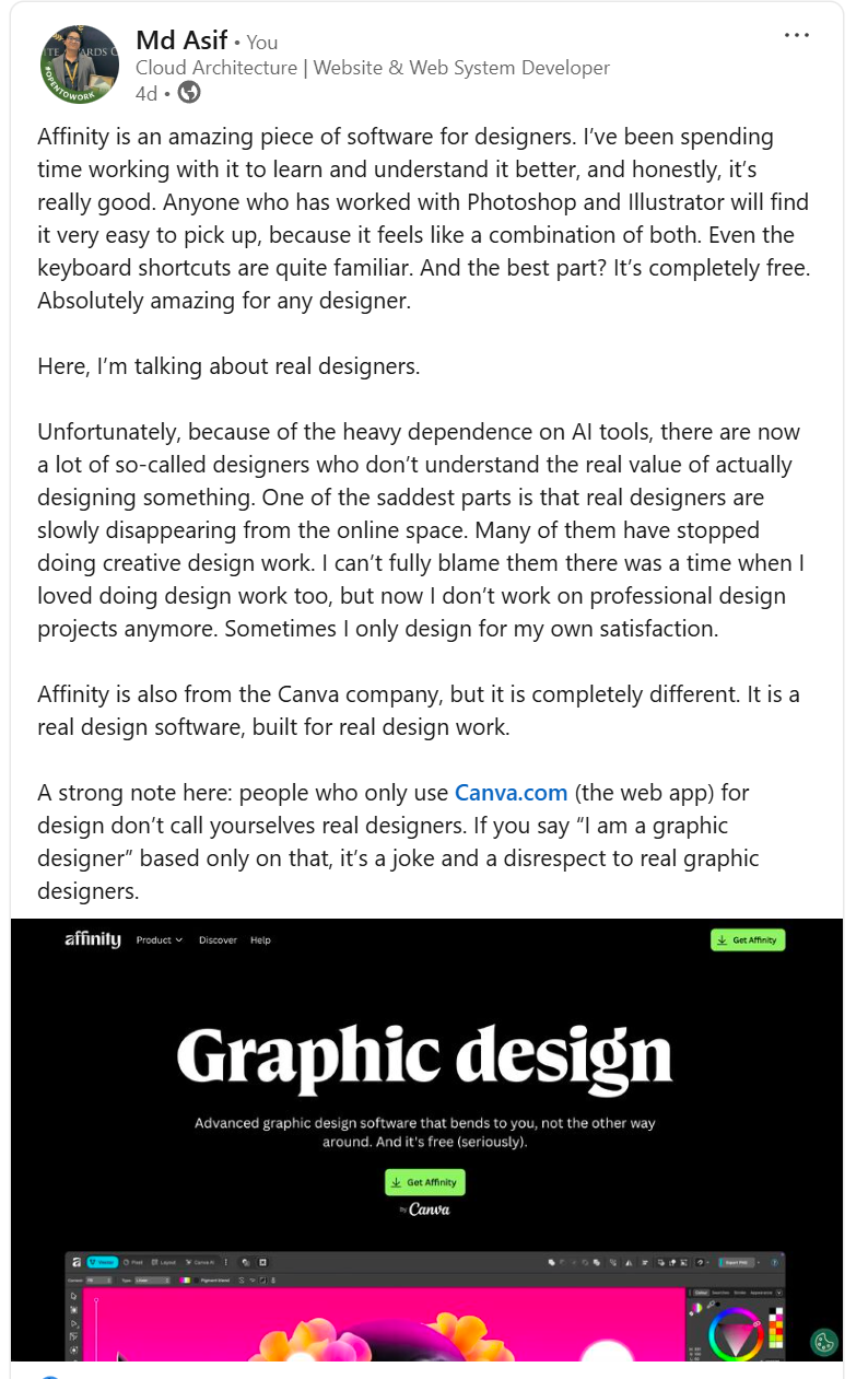 Screenshot of my LinkedIn post: Affinity Design Software for Real Designers (Canva and design tools)
