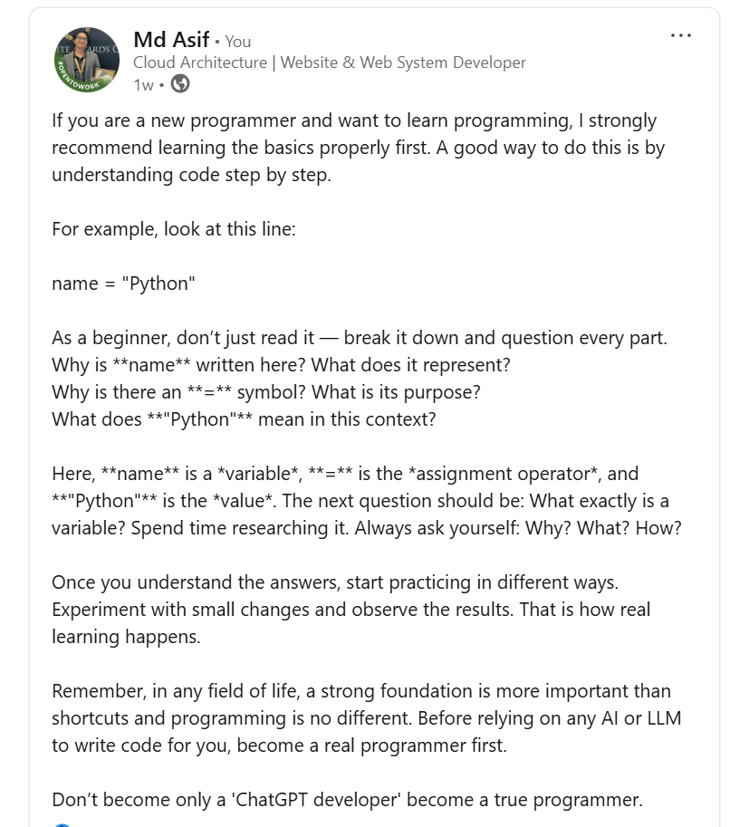 Screenshot of my LinkedIn post: Learn Programming Basics Before Relying on AI